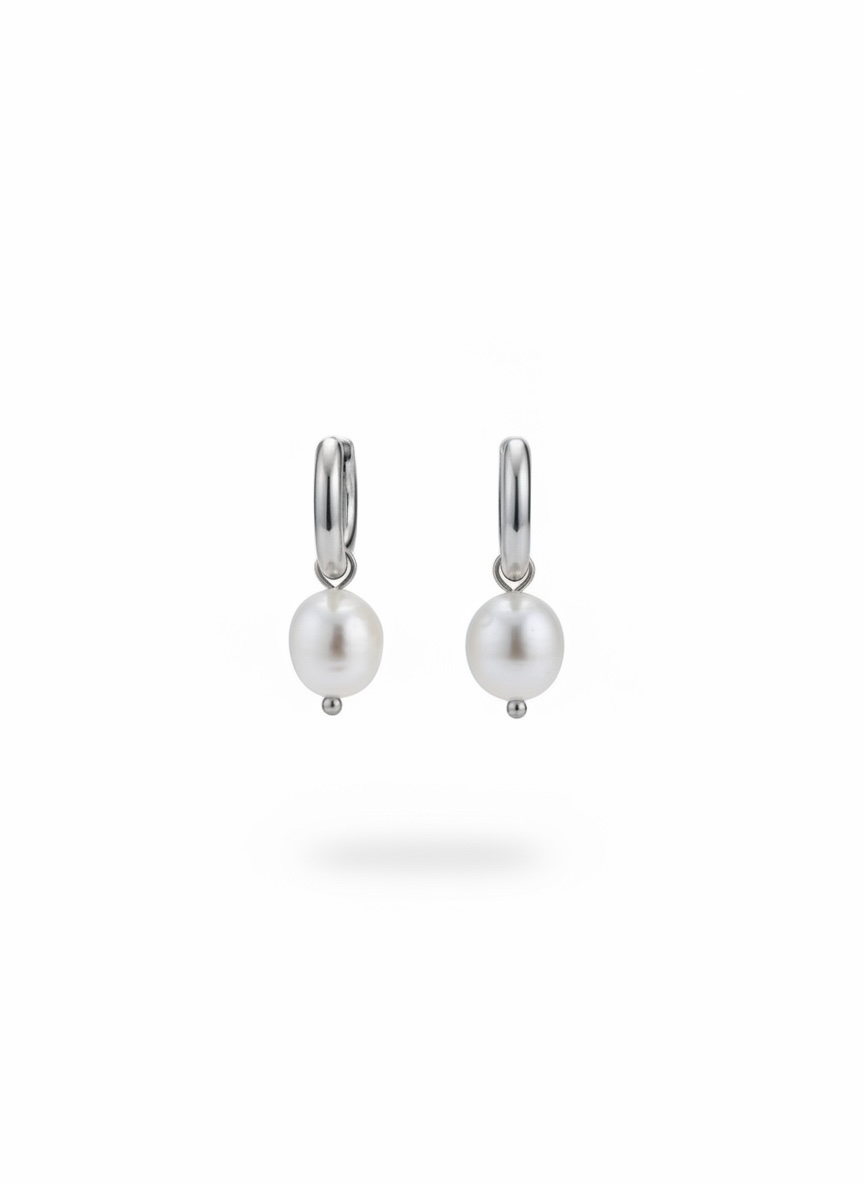 Pearl Huggie Hoops Silver